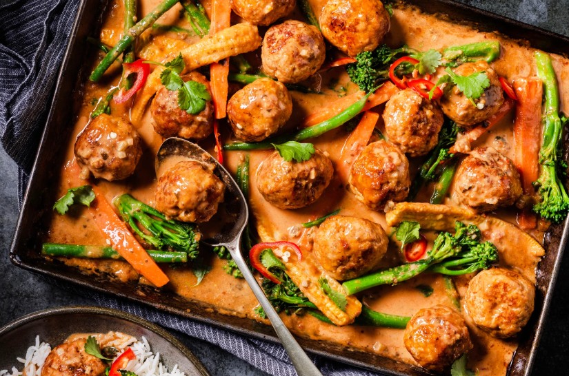 Satay Chicken Meatball Traybake